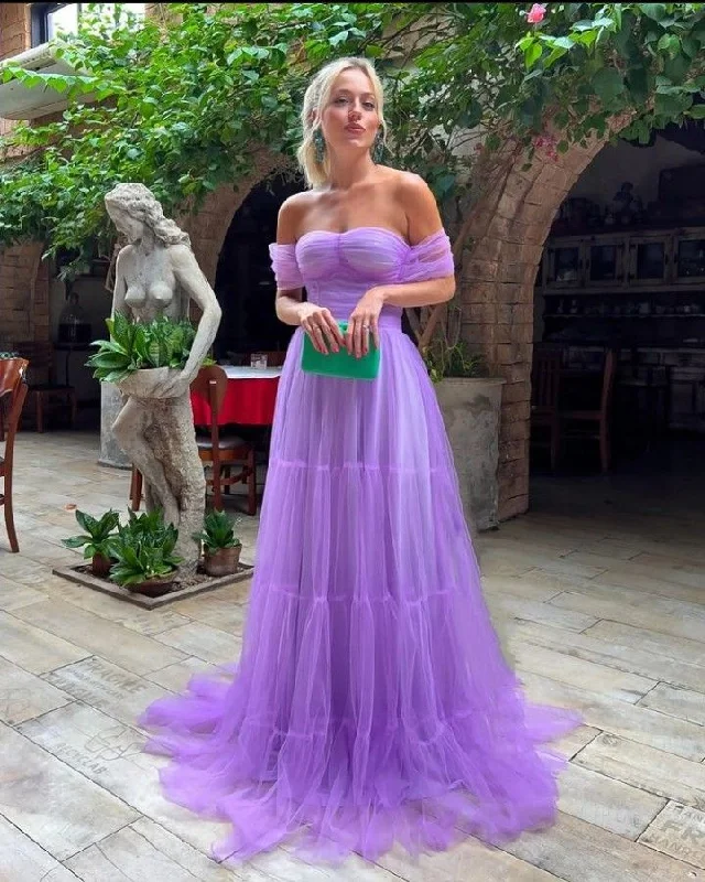 maxi dresses for beachSimple Purple A-line Off Shoulder Maxi Long Evening Prom Dresses Y5096