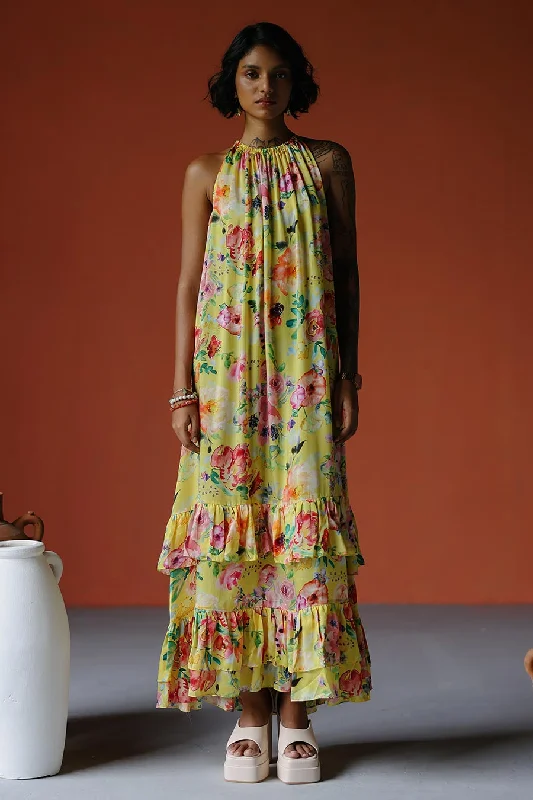 maxi dresses for outdoor weddingsYellow Printed Halter Neck Tiered Maxi Dress