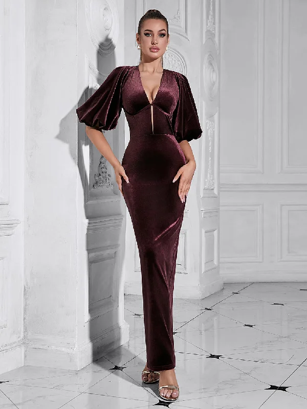 maxi dresses for semi-formal eventsV Neck Mid Sleeve Carved Maxi Bodycon Dress HB10207