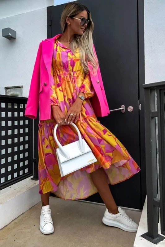 maxi dresses with long sleevesOrange Floral Balloon Sleeve Tiered Maxi Dress