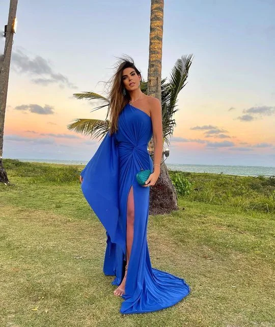 wedding dress fittingRoyal Blue One Shoulder Long Evening Dress With Slit,Wedding Guest Outfit Y4839