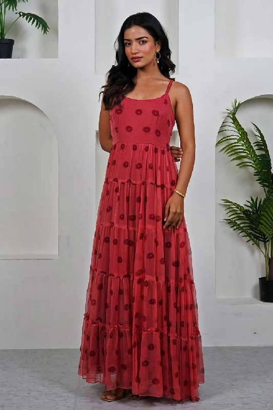 maxi dresses for petite womenRed Printed Tiered Maxi Dress