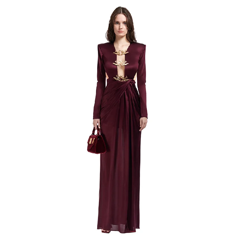 maxi dresses with cold-shoulder cutsV Neck Metal Studded Maxi Bodycon Dress ZNSBA849