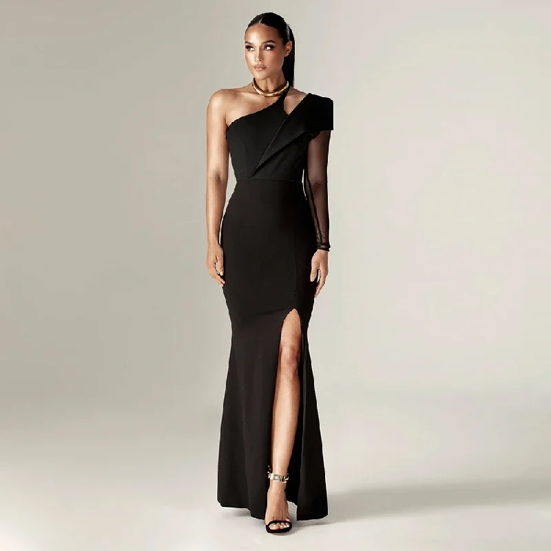 maxi dresses with off-the-shoulder necksOne Shoulder Long Sleeve Slit Maxi Bodycon Dress PF23201