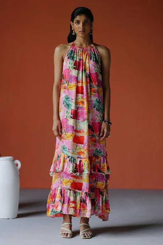 maxi dresses for destination weddingsPink Printed Halter Neck Tiered Maxi Dress