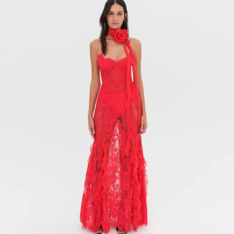 maxi dresses with high necklinesStrappy Sleeveless Lace Maxi Dress KLYF1303