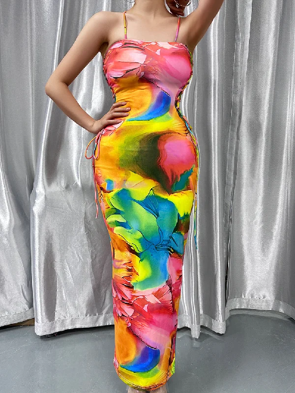 maxi dresses with rufflesStrappy Sleeveless Colorful Maxi Bodycon Dress HB00642