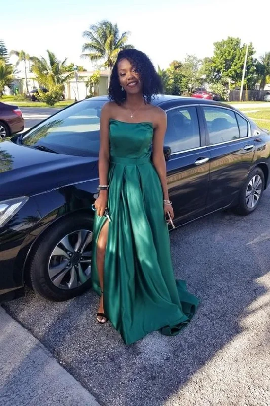 maxi dresses for special occasionsHunter Green Satin Prom Dresses,Strapless Maxi Long Dress with Side Slit  Y6290