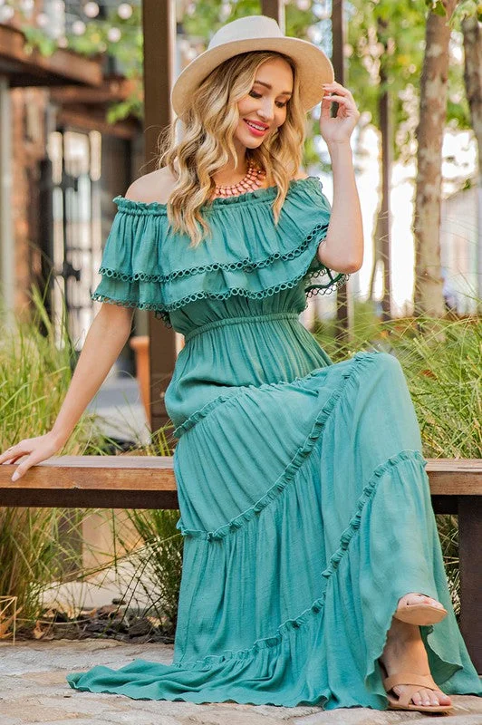 maxi dresses with sleevesOff-the-Shoulder Tiered Long Casual Maxi Dress