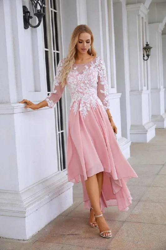 affordable wedding dressesLadies Round Neck Long Sleeve Chiffon Lace Short Front Short Back Length Length Bridesmaid Evening Dress Wedding Evening Dress 28123