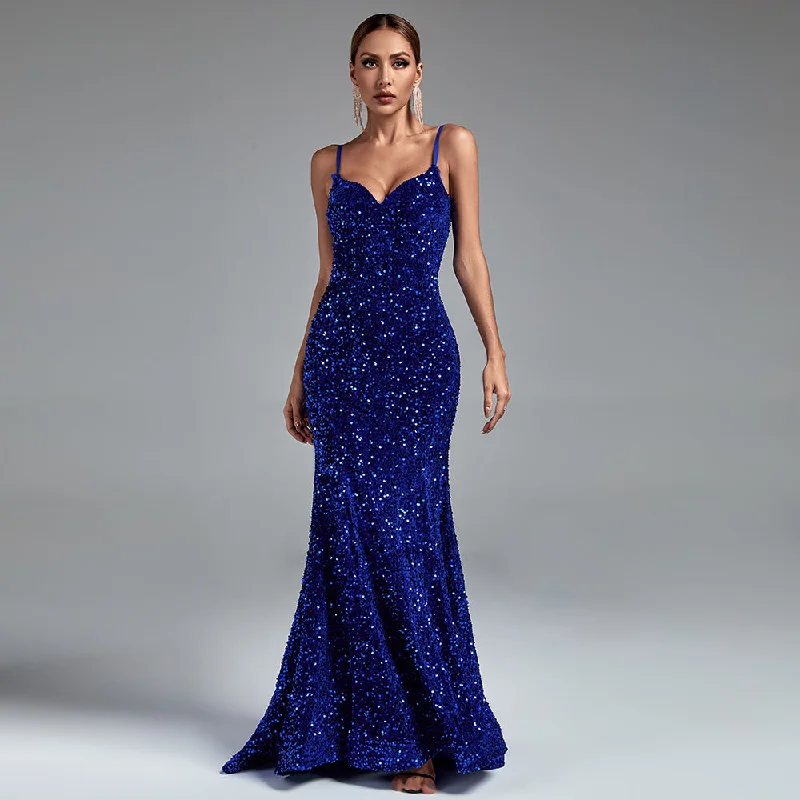 maxi dresses with A-line silhouettesStrappy Sleeveless Sequined Maxi Prom Dress HT2409