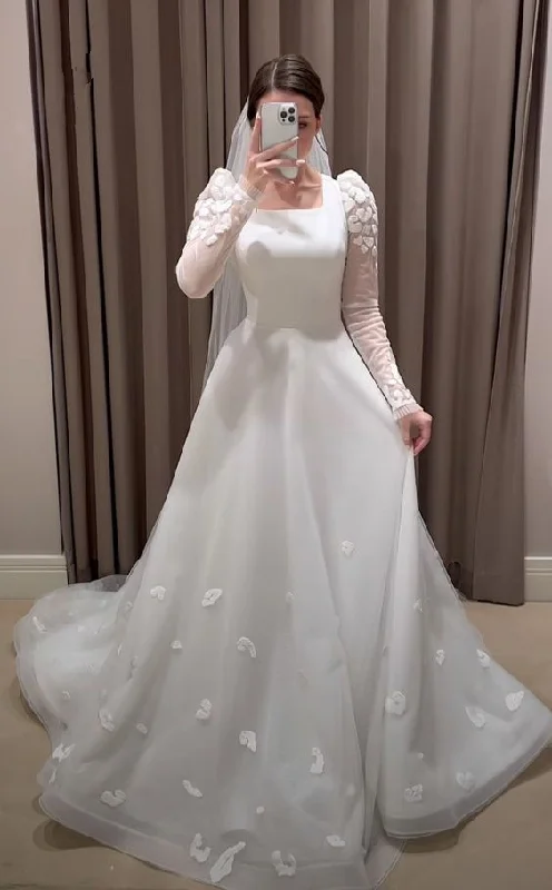 wedding dress with trainModest White A-line Long Sleeves Wedding Dress,White Bridal Dress  Y6729