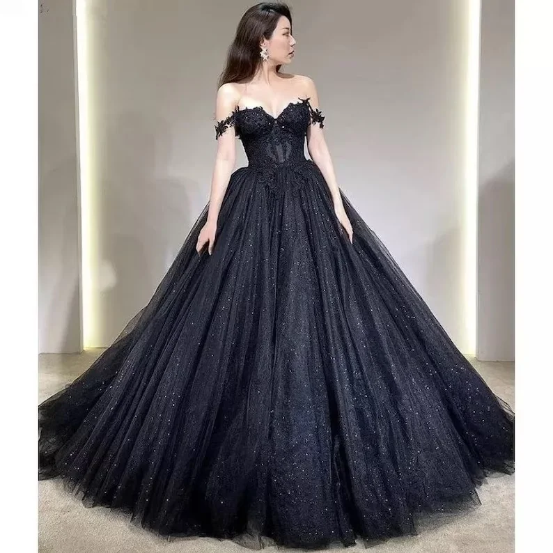 long sleeve wedding dressesLace Applique Tulle Dress, Black Glitter Wedding Dress, 3D Flowers Long Evening Dress Y1625