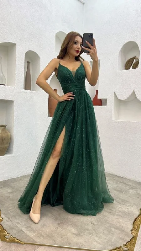 maxi dresses with embroidered patternsEmerald Green Glitter Maxi Tulle Prom Dress,Wedding Guest Dress,Wedding Reception Dress Y6329