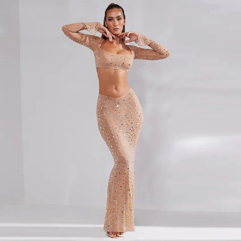 maxi dresses with low necklinesSquare Collar Long Sleeve Rhinestone Maxi Bodycon Set HL9544