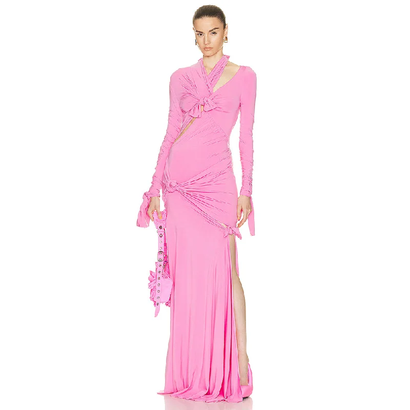 maxi dresses for bridesmaidsV Neck Long Sleeve Cut Out Maxi Dress KLYF880