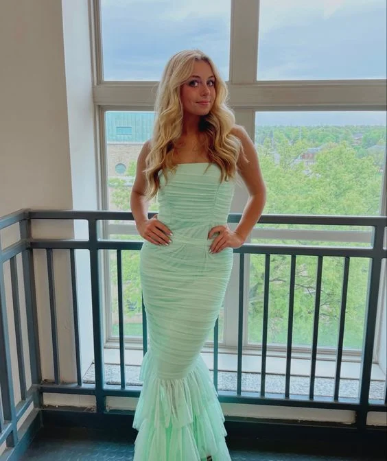 maxi dresses under $100Mint Green Bandeau Fishtail Maxi Dress with Tiered Hem,Charming Mint Green Evening Dress  Y1526