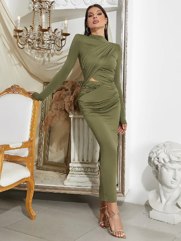 maxi dresses with buttonsSemi-High Collar Long Sleeve Wrinkled Maxi Bodycon Dress HB100100