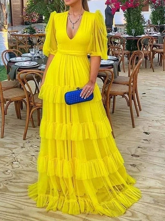 maxi dresses for college studentsYellow Mesh Sweet Ruffle Maxi Dress,Yellow A-line Prom Dress Y6228