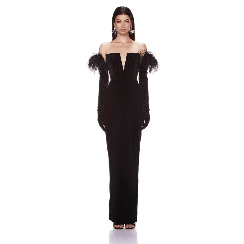 maxi dresses with front pocketsOff Shoulder Long Sleeve Feather Maxi Bandage Dress HL9401