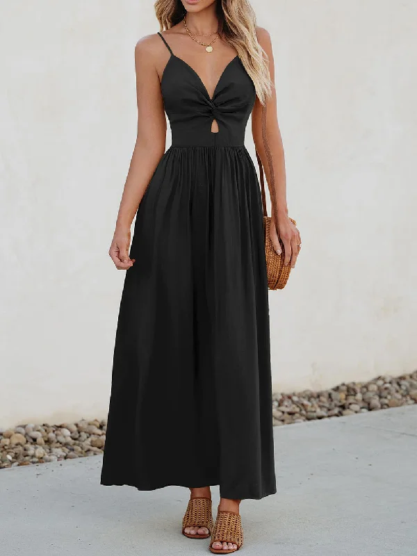 maxi dresses for weddingsStrappy Sleeveless Plain Maxi Black Dress HB10097