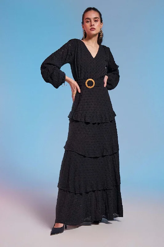 maxi dresses with pockets and sleevesBlack Schiffli Embroidered Maxi Dress