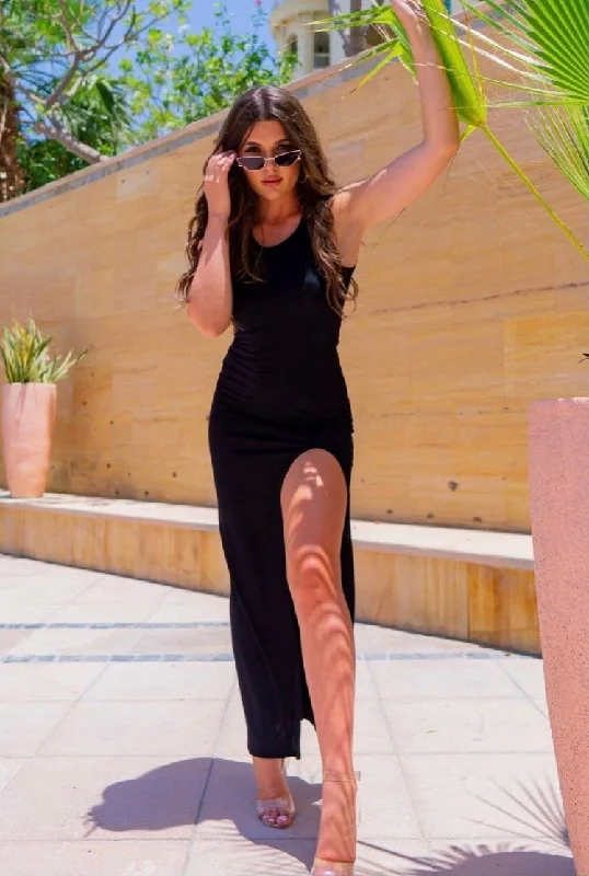 maxi dresses with flutter sleevesBlack Thigh Split Maxi dress