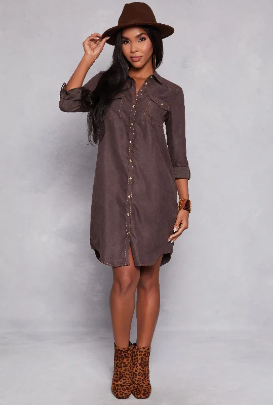 Tabbed Sleeve Button Down Shirt Dress