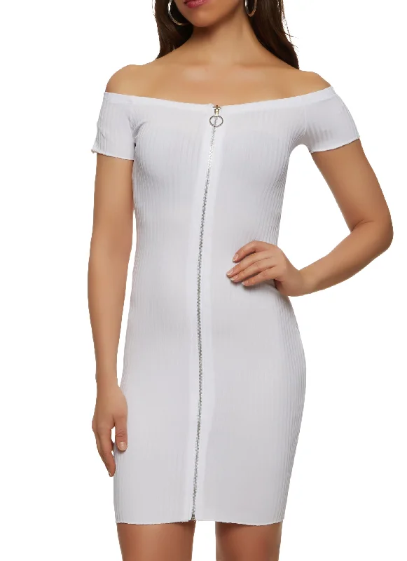 Ribbed Zip Front Off the Shoulder Dress