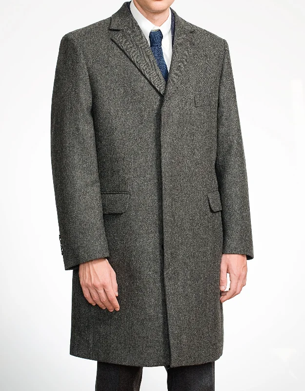 CHARCOAL HERRINGBONE FLY FRONT WOOL TOPCOAT