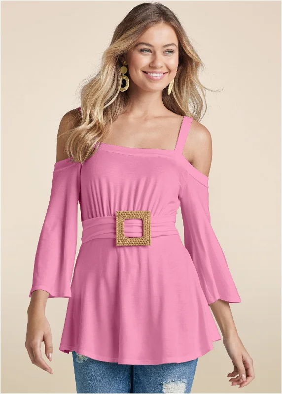 Raffia Belted Cold Shoulder Top - Pink