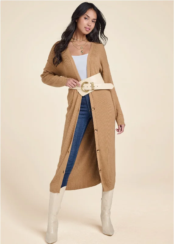 Ribbed Button Front Duster  - Camel