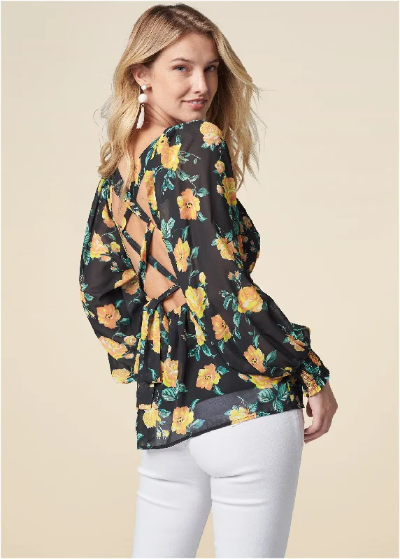 Blooming Roses Lace-Up Blouse - Black Multi