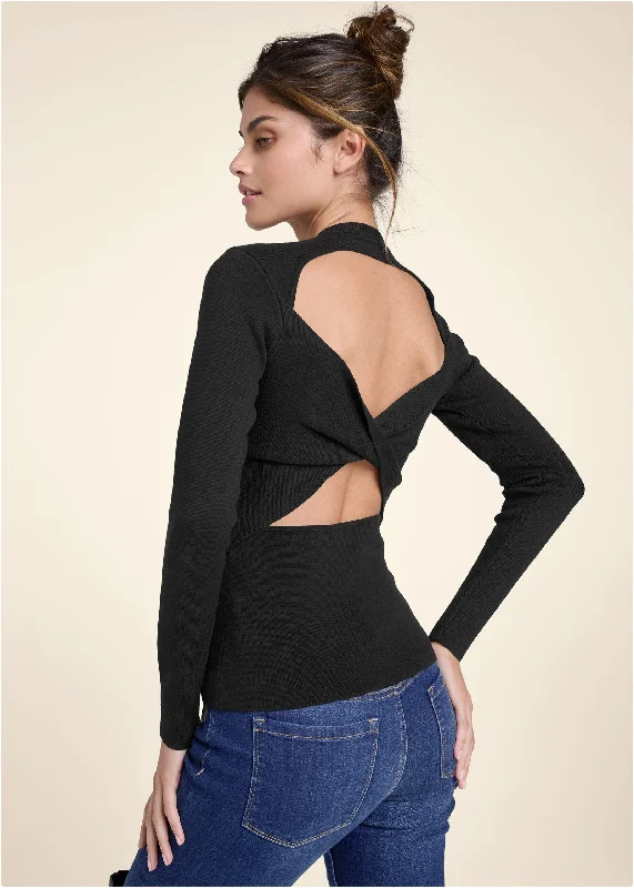 Twisted Cutout Back Detail Sweater - Black