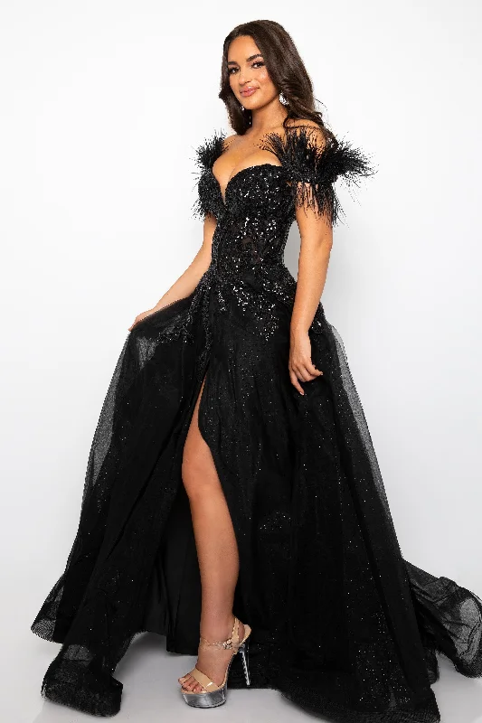 off-the-shoulder prom dressesAva Presley 39213 Formal Prom Long Sequin Feather Dress