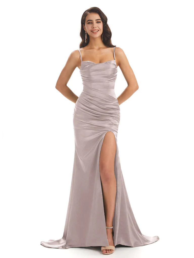 prom dresses for winterSexy Mermaid Soft Satin Spaghetti Long Prom Dresses Online With Slit In Stock