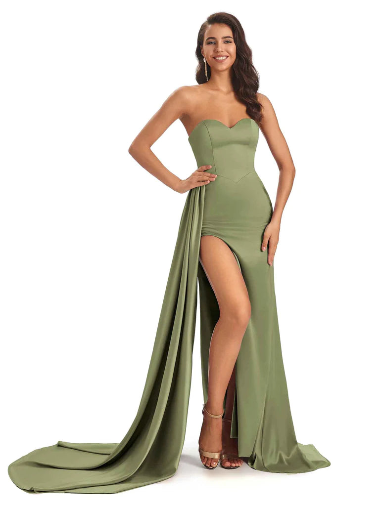 prom dresses for fallSexy Soft Satin Sweetheart Long Mermaid Prom Dresses With Slit In Stock