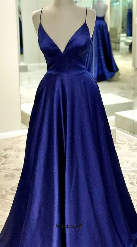 budget-friendly prom dressesA line Backless Navy Blue Prom Dress