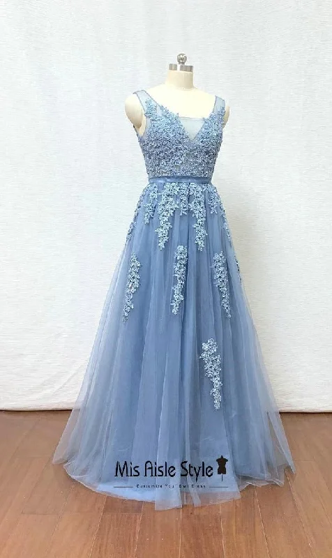 high-low prom dressesA line Blue Lace V-back Prom Dress