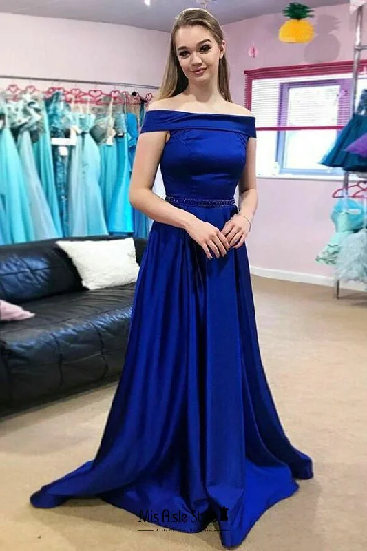 prom dresses for hourglass figuresA line Off Shoulder Sleeve Royal Blue Prom Dress