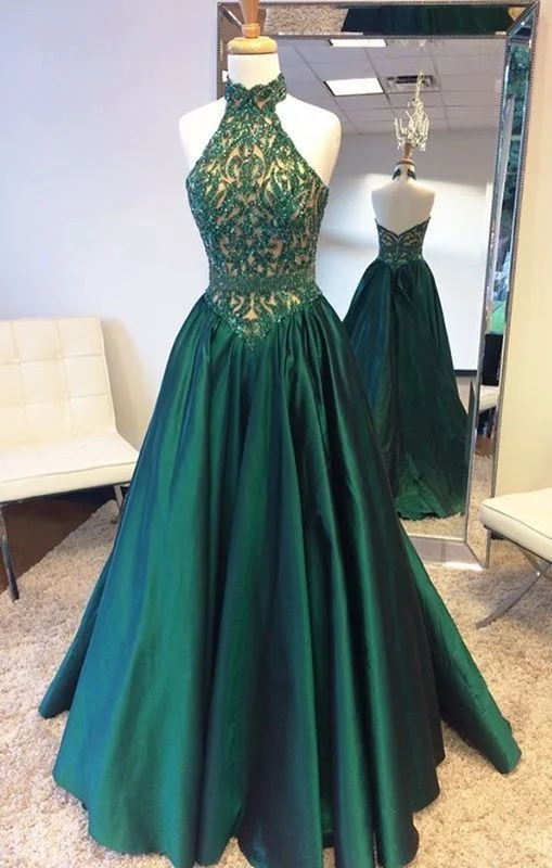 prom dresses for fallA line Sexy Open Back Halter Neckline Dark Green Prom Dress