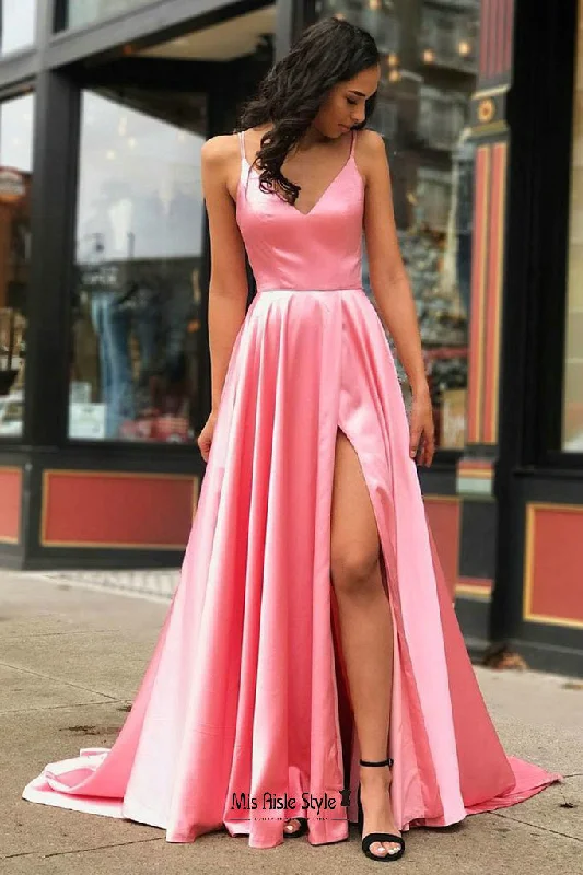 ball gown prom dressesA line Spaghetti Straps Split Prom Dress