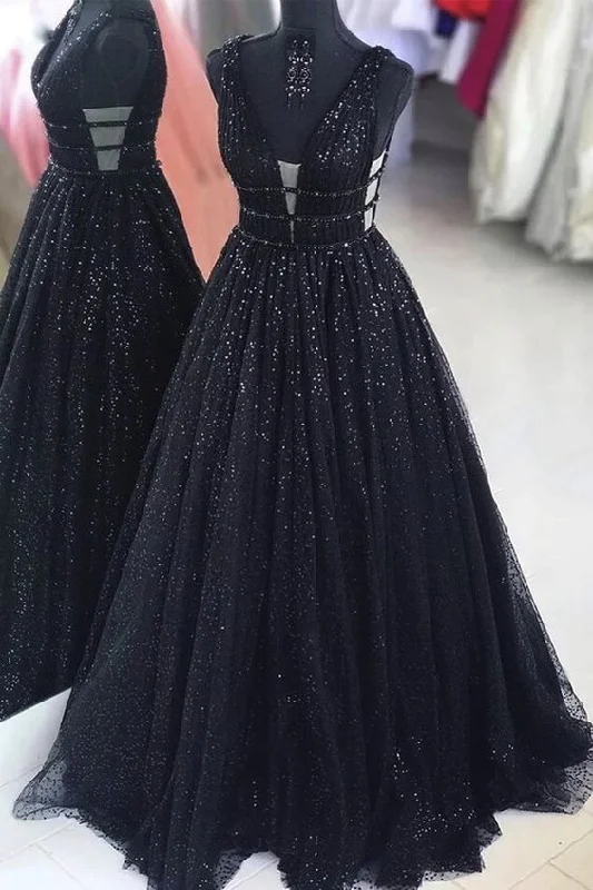 flutter sleeve prom dressesBall Gown Black Sparkle Prom Dress