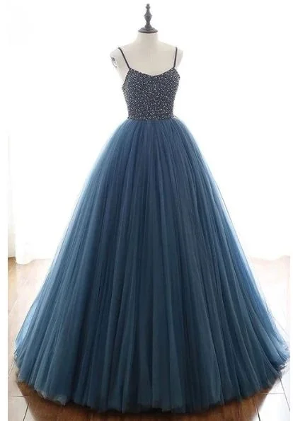 halter neck prom dressesBall Gown Navy Blue Prom Dress