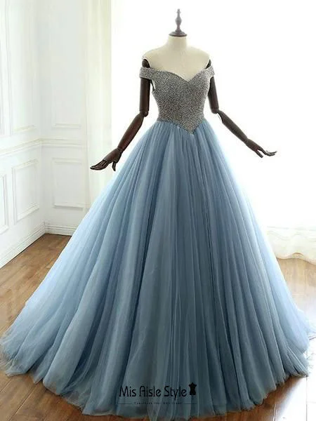 prom dresses for apple shapesBall Gown Off Shoulder Sleeve Beaded Dusty Blue Prom Gown