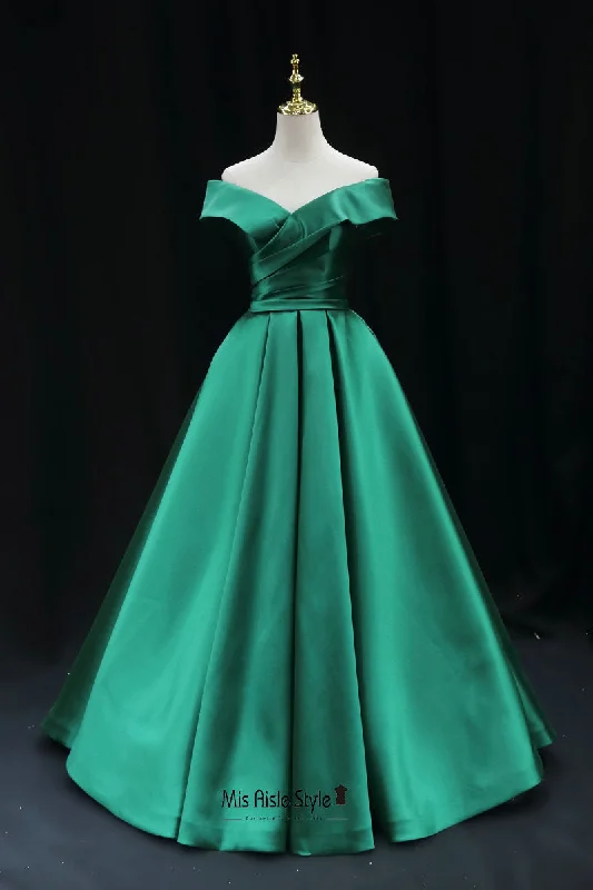 dark prom dressesBall Gown Off Shoulder Sleeve Green Prom Dress