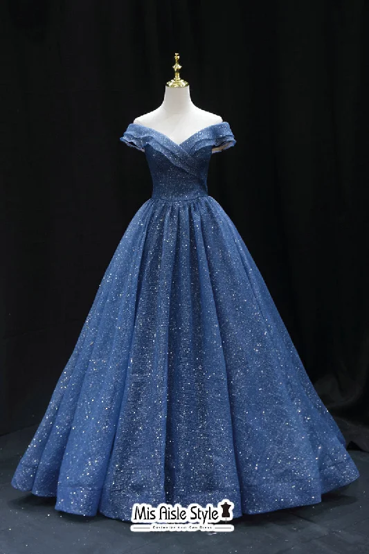 pastel prom dressesBall Gown Off Shoulder Sleeve Navy Blue Sparkle Prom Dress