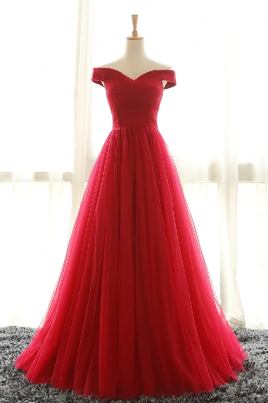 classic prom dressesBall Gown Off Shoulder Sleeve Red Prom Dress