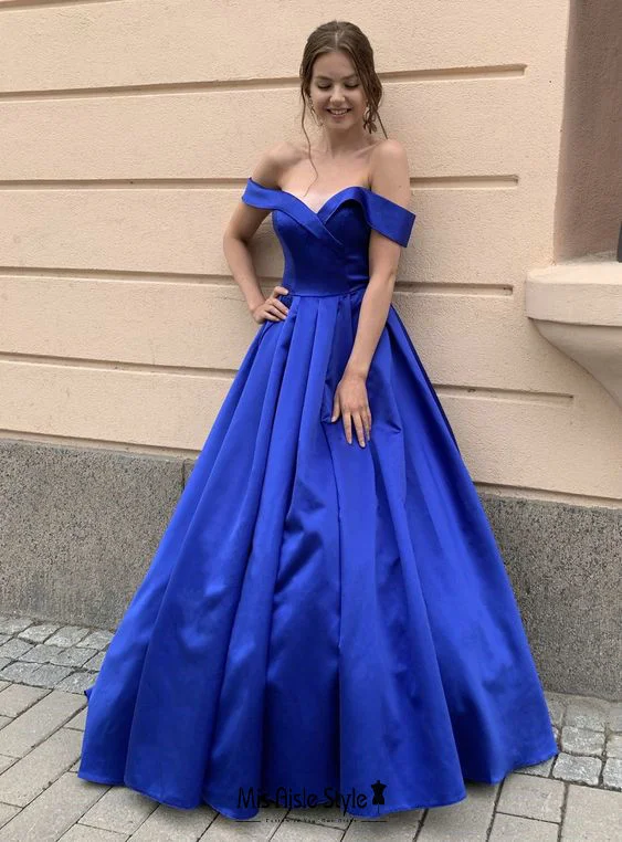 prom dresses for winterBall Gown Off Shoulder Sleeve Royal Blue Prom Dress