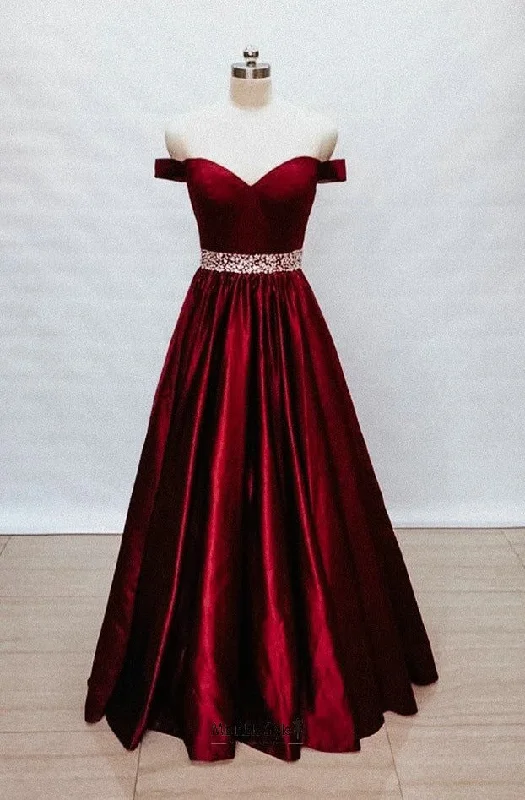 beaded prom dressesBall Gown Off Shoulder Sleeves Burgundy Prom Dress